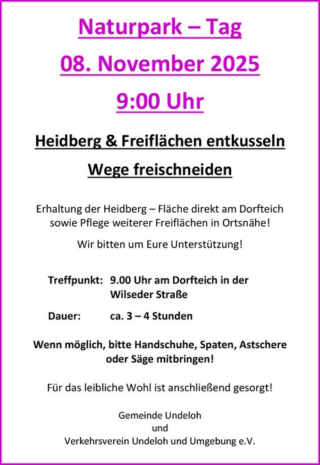 Plakat zum Naturpark-Tag 2025 in Undeloh mit Informationen zu Treffpunkt, Uhrzeit und Ablauf der Aktion.